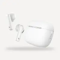 STELLAR FlyPods bone white earbuds floating beside closed charging case — hero shot