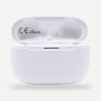 STELLAR FlyPods open charging case interior — CE and RoHS certified, LED indicator on front