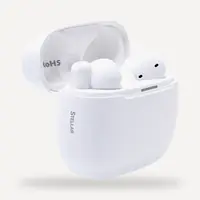 STELLAR FlyPods earbuds in open case — opposite angle showing STELLAR branding embossed on body