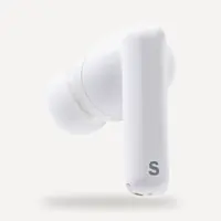 STELLAR FlyPods left earbud close-up — S logo on stem, ANC microphone holes visible