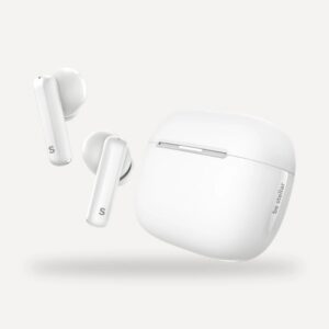 STELLAR FlyPods wireless earbuds beside their white charging case